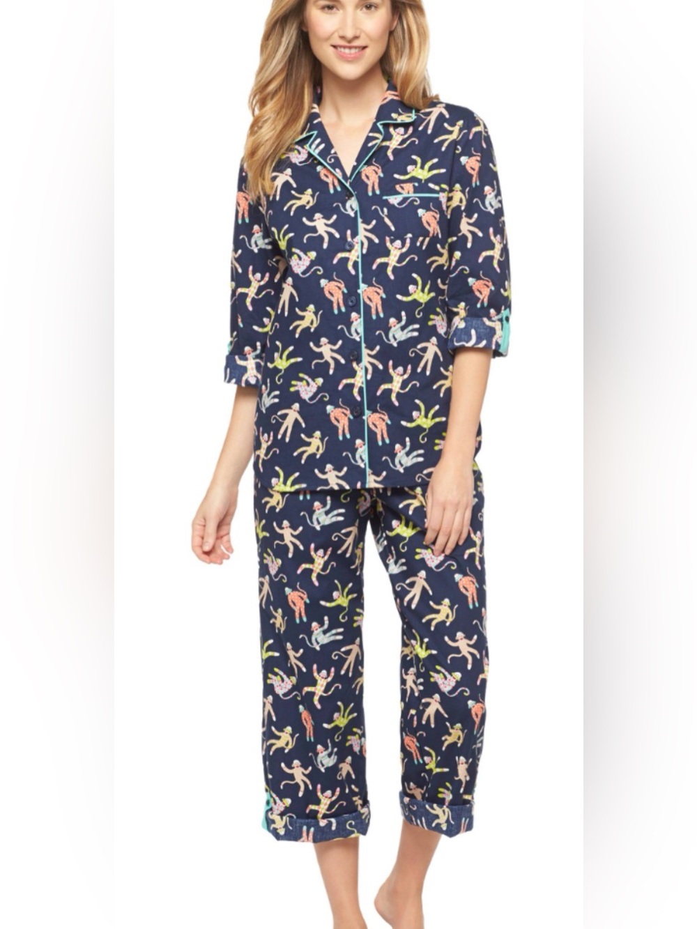 Nick & Nora Women’s Cotton Navy Blue Sock Monkey Pajama Set Size Medium